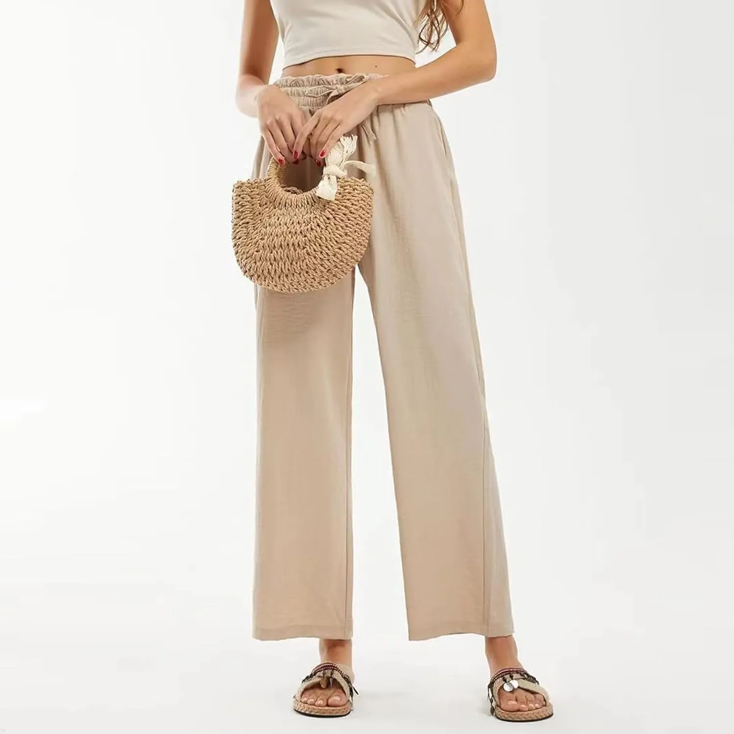 Wide Leg Linen Pants for Women Straight Leg Solid Country Concert Drawstring Cropped Loose Pants with Pockets