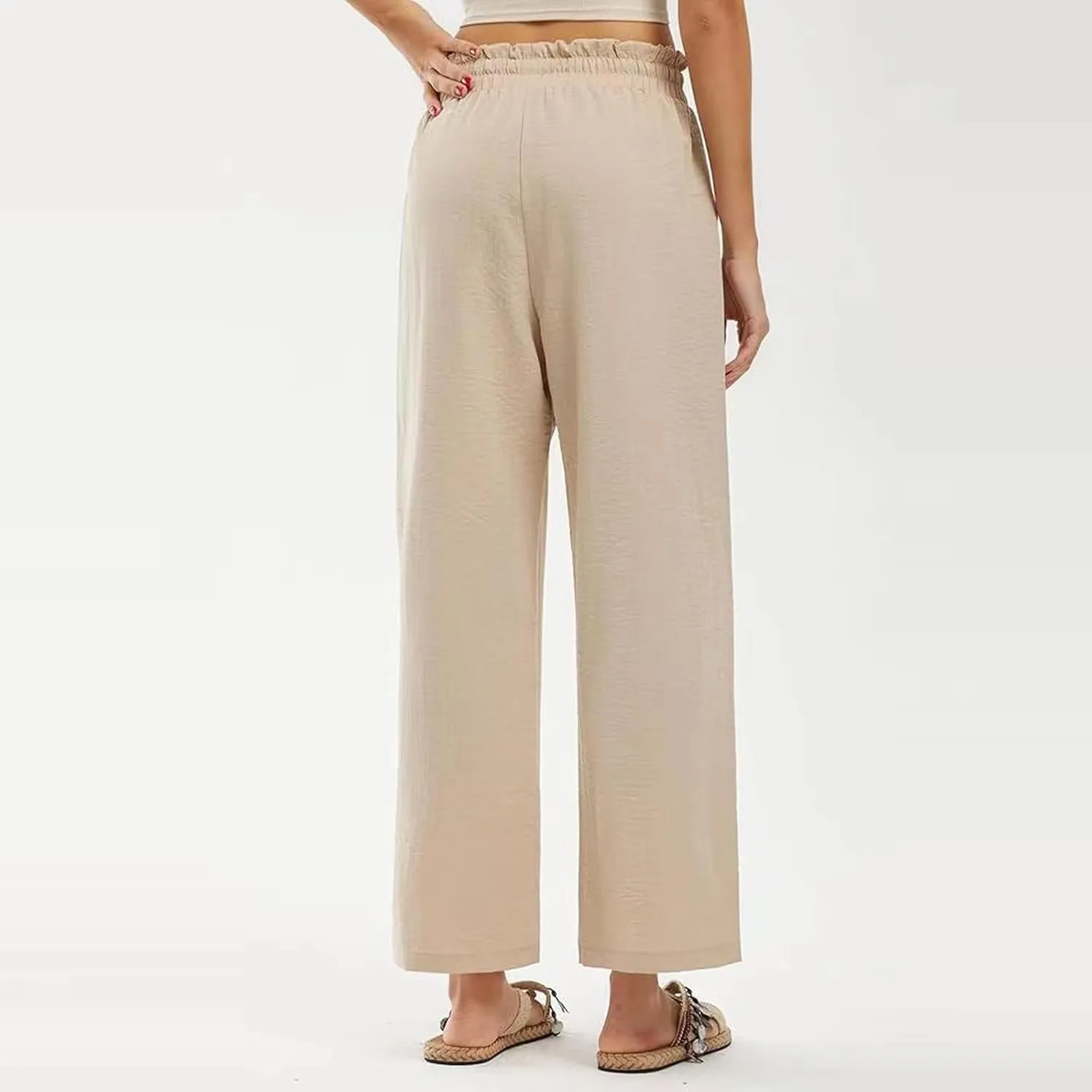 Wide Leg Linen Pants for Women Straight Leg Solid Country Concert Drawstring Cropped Loose Pants with Pockets