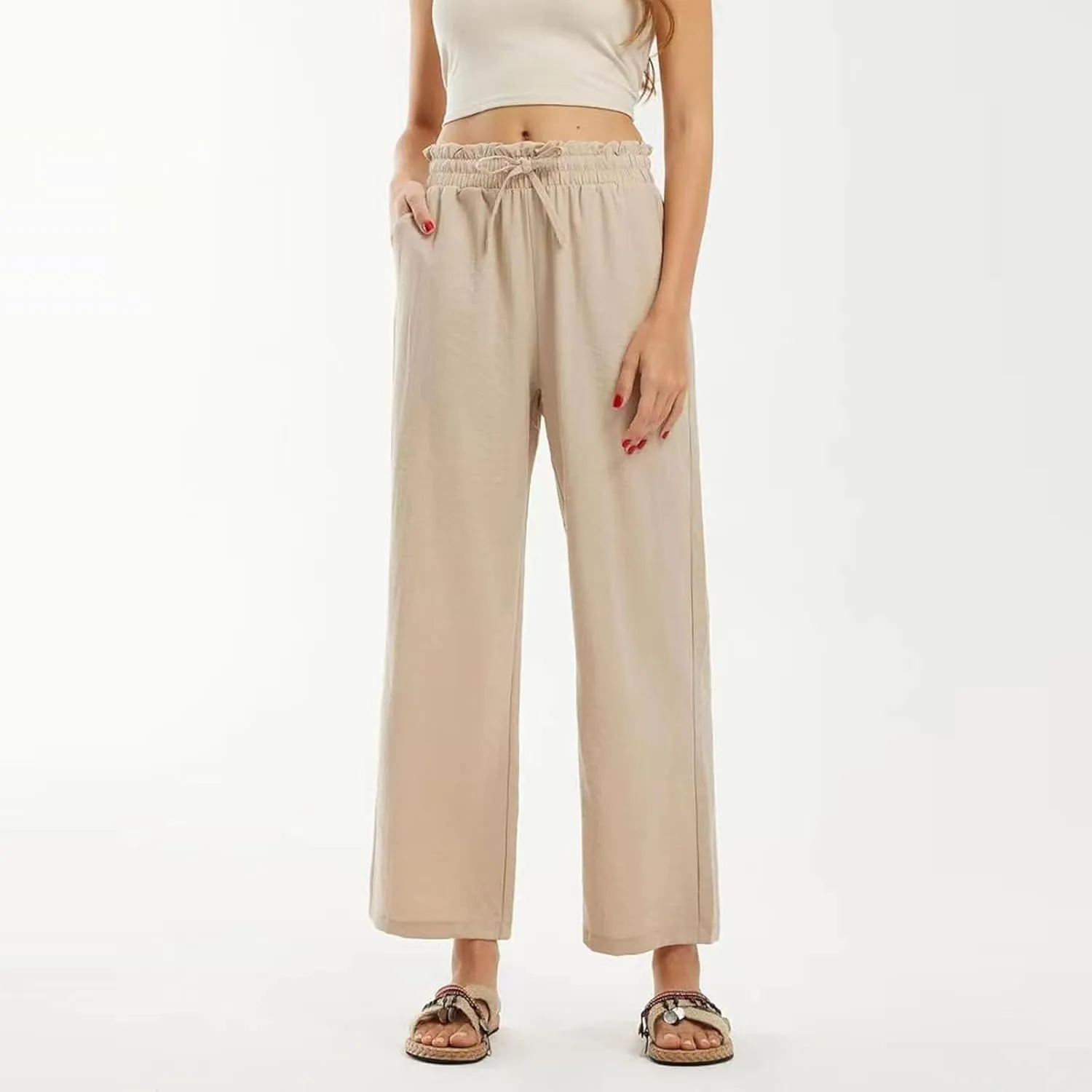 Wide Leg Linen Pants for Women Straight Leg Solid Country Concert Drawstring Cropped Loose Pants with Pockets