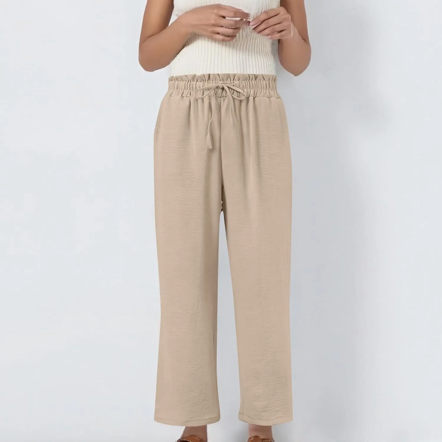 Wide Leg Linen Pants for Women Straight Leg Solid Country Concert Drawstring Cropped Loose Pants with Pockets