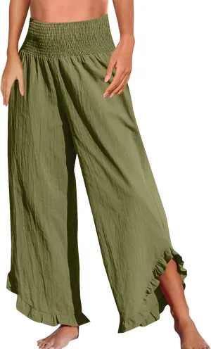 Wide Leg Pants for Women Cotton Linen Palazzo Pants Summer Beach Pant Elastic Waist Flowy Travel Vacation Trousers