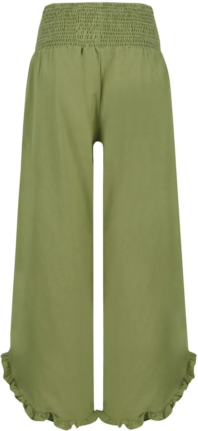 Wide Leg Pants for Women Cotton Linen Palazzo Pants Summer Beach Pant Elastic Waist Flowy Travel Vacation Trousers