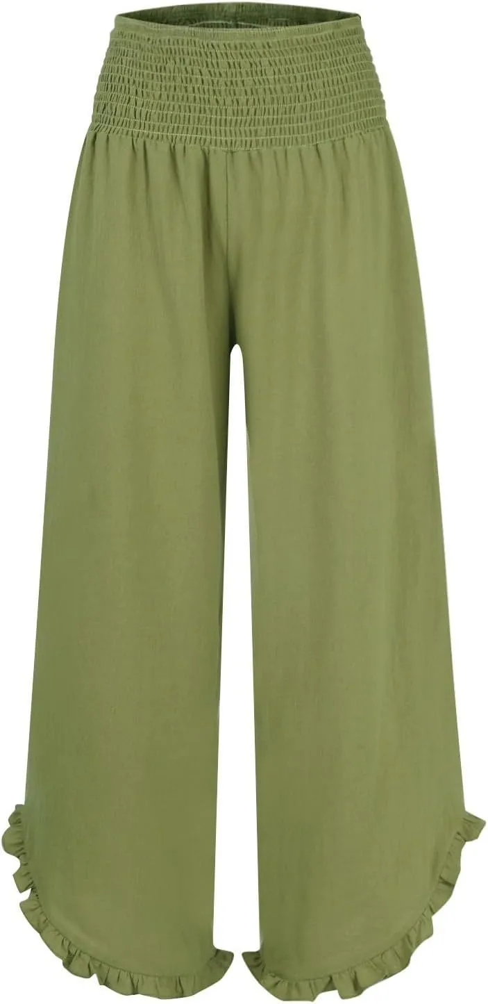 Wide Leg Pants for Women Cotton Linen Palazzo Pants Summer Beach Pant Elastic Waist Flowy Travel Vacation Trousers