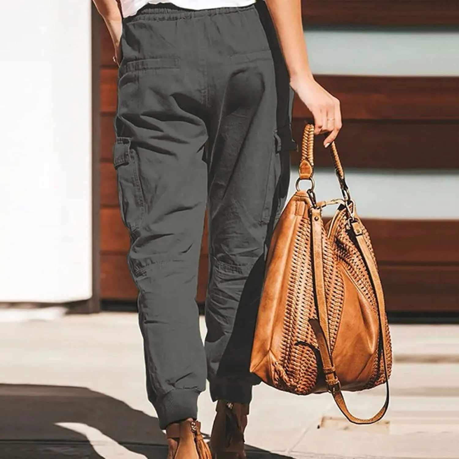 Wide Leg Pants for Women Elastic Waist Drawstring Summer Baggy Cargo Pants with Pockets Lightweight Lounge Trousers