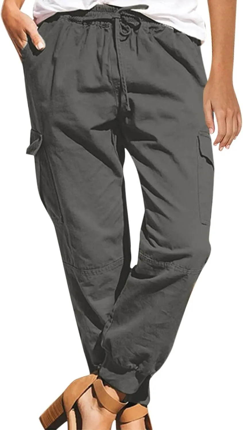 Wide Leg Pants for Women Elastic Waist Drawstring Summer Baggy Cargo Pants with Pockets Lightweight Lounge Trousers