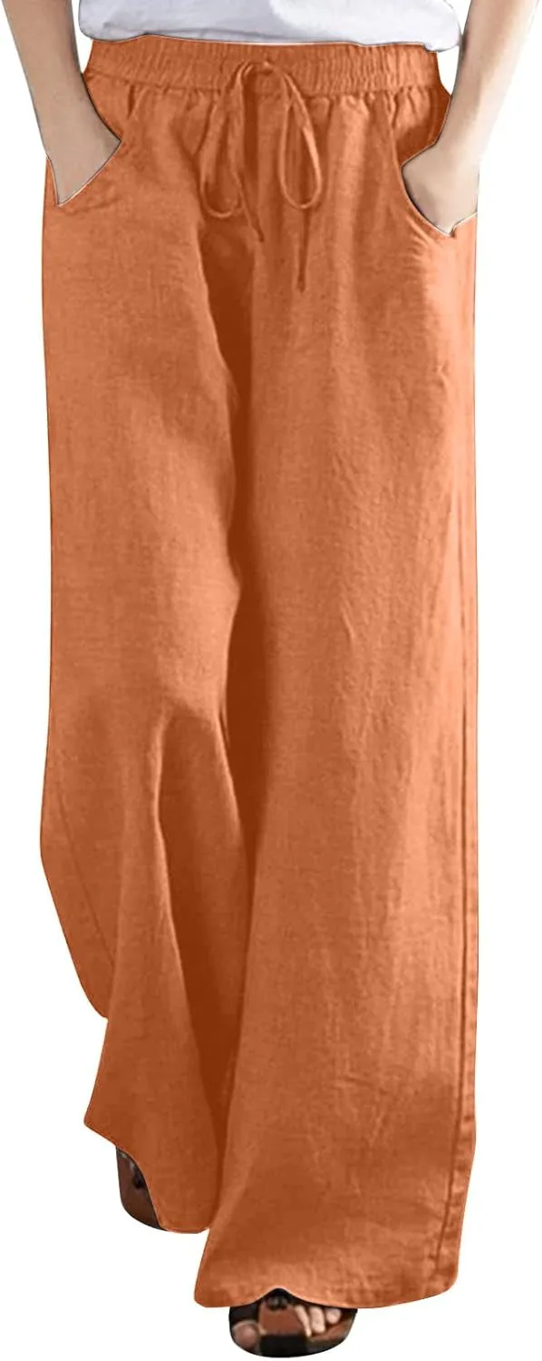 Wide Leg Pants for Women High Waist Elastic Drawstring Belt Pockets Straight Leg Trousers Solid Cotton Linen Pants