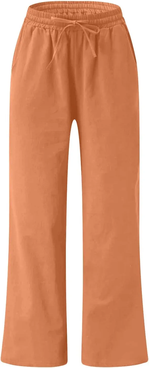 Wide Leg Pants for Women High Waist Elastic Drawstring Belt Pockets Straight Leg Trousers Solid Cotton Linen Pants