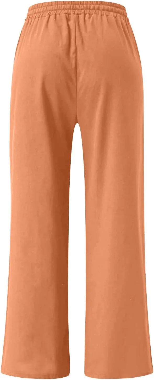 Wide Leg Pants for Women High Waist Elastic Drawstring Belt Pockets Straight Leg Trousers Solid Cotton Linen Pants