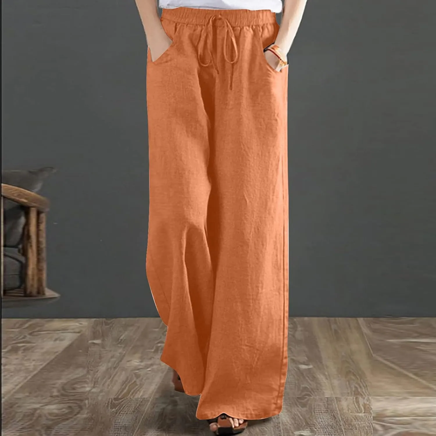 Wide Leg Pants for Women High Waist Elastic Drawstring Belt Pockets Straight Leg Trousers Solid Cotton Linen Pants