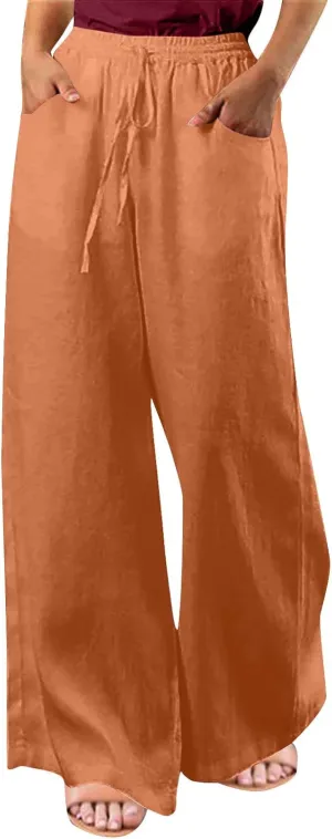 Wide Leg Pants for Women High Waist Elastic Drawstring Belt Pockets Straight Leg Trousers Solid Cotton Linen Pants
