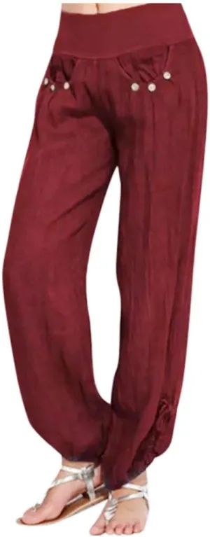 Wide Leg Pants for Womens Summer Linen Light Weight Fashion Trousers Loose High Waist Elastic Pants with Pockets