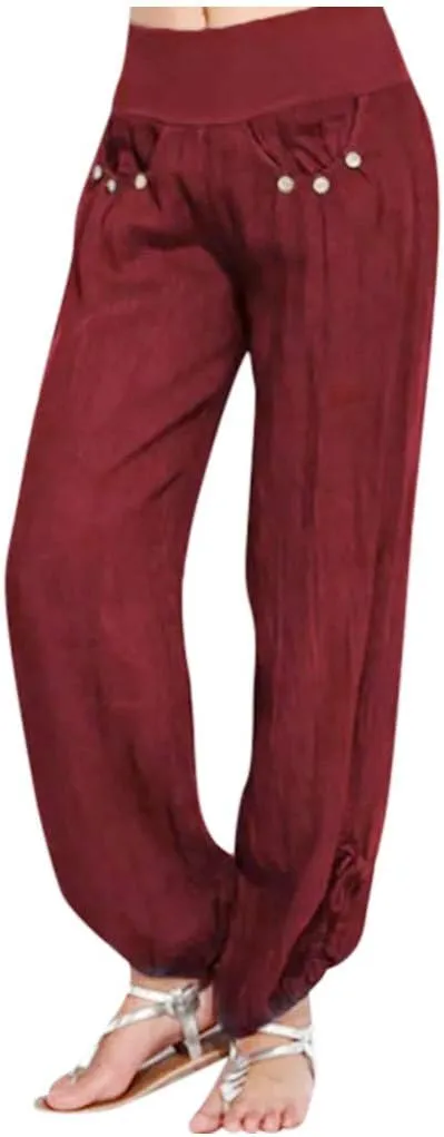 Wide Leg Pants for Womens Summer Linen Light Weight Fashion Trousers Loose High Waist Elastic Pants with Pockets