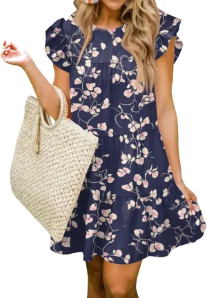Women Babydoll Summer Casual Crew Neck Ruffle Sleeve Sleeveless Flowy Mini Short Tunic Dress Floral Print Pleated Dress4-Dark Purple,XX-Large