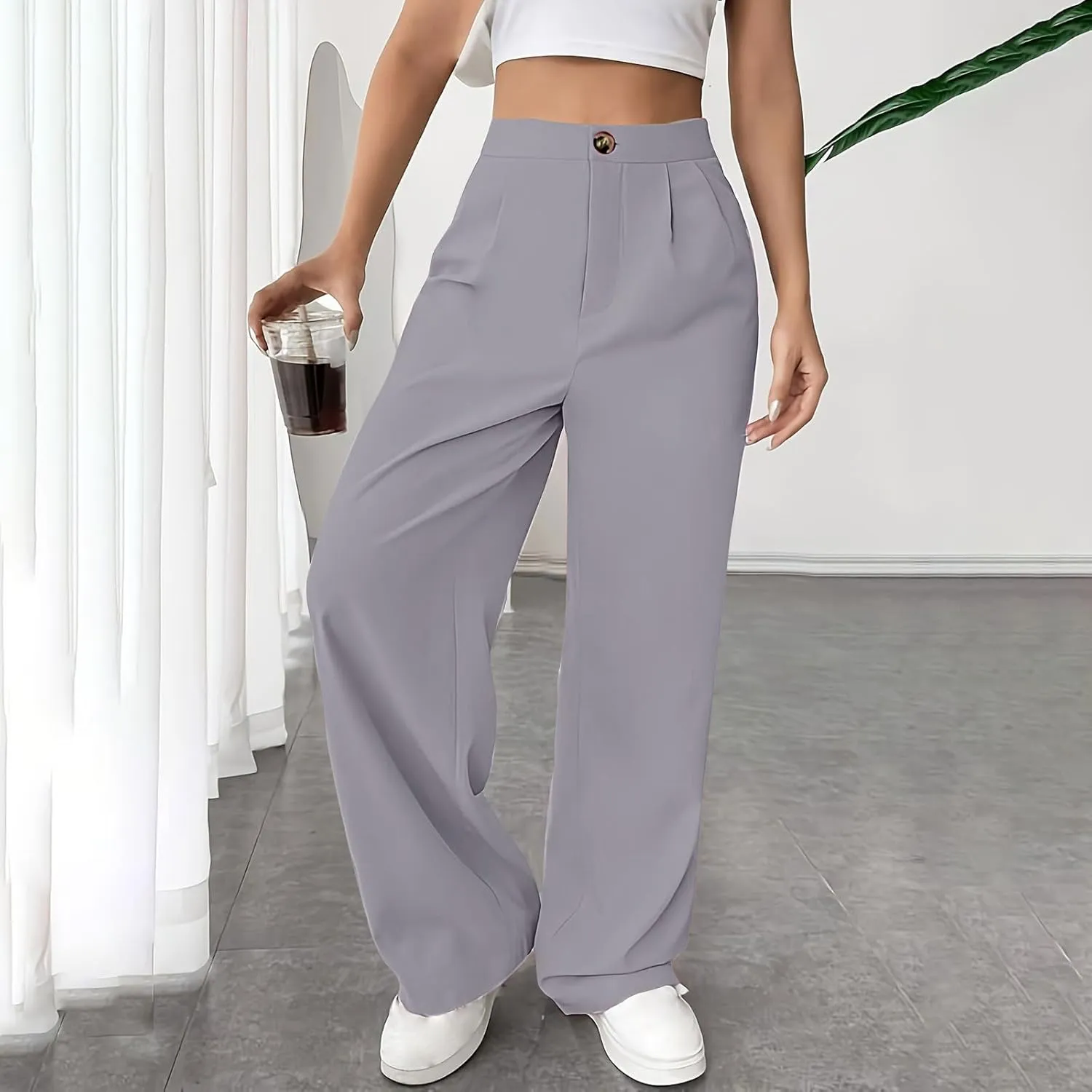 Women Casual High Waist Suit Pants Business Work Trousers Dressy Stretchy Pants Straight Suits Pants Wide Leg Pant