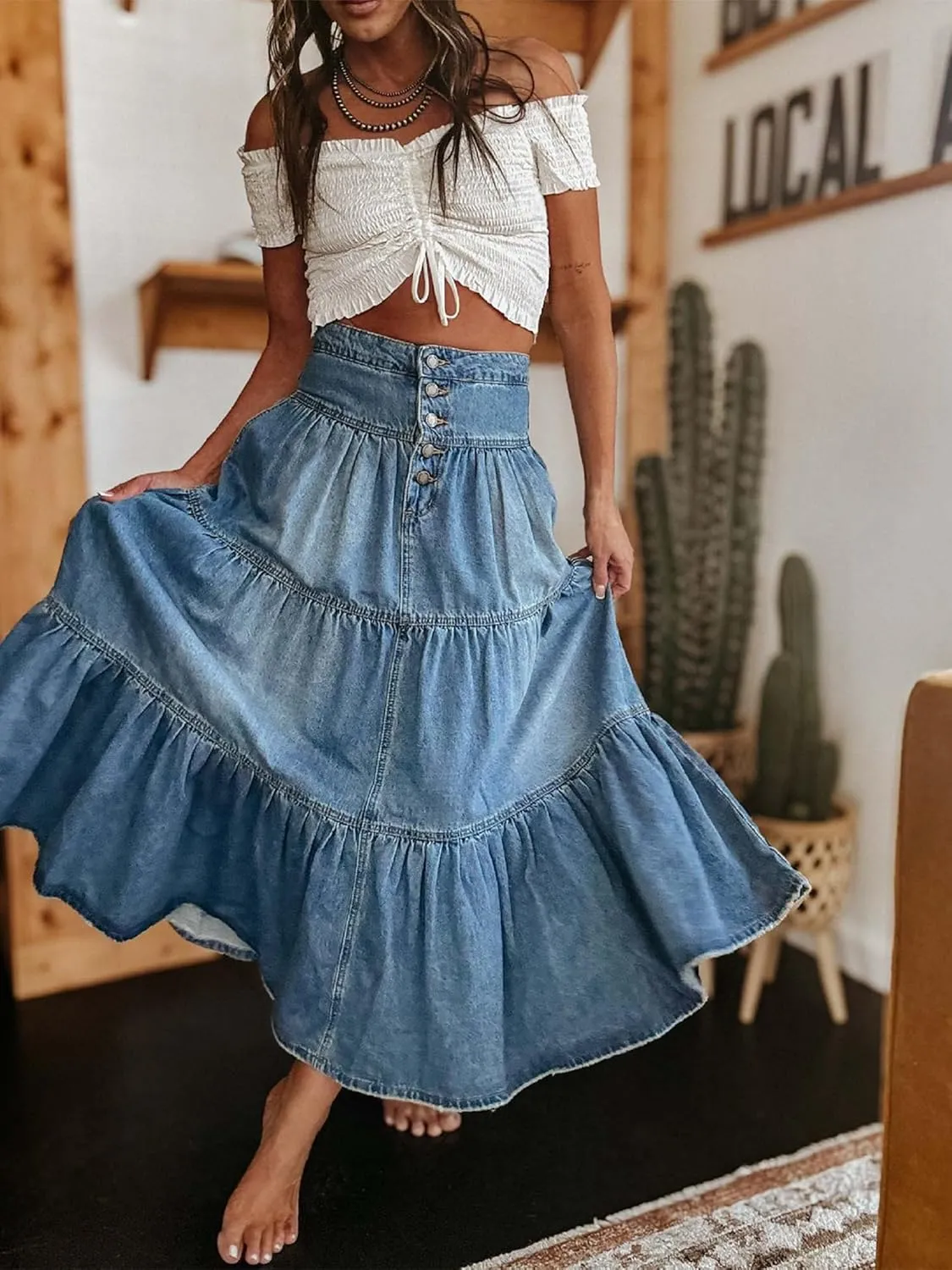 Women Casual High Waisted Denim Maxi Skirts Vintage Tiered Flowy Pleated Boho Cowboy A Line Jean Long Skirts