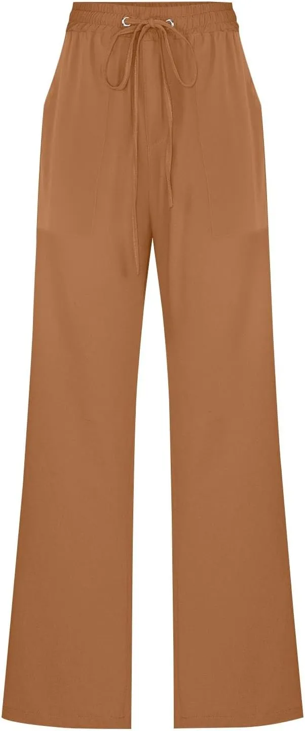 Women Cotton Linen Pants Summer Casual Drawstring Solid Lounge Long Trousers High Waist Straight Leg Comfy Work Pant