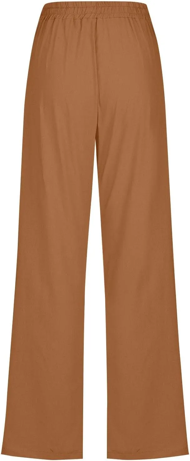 Women Cotton Linen Pants Summer Casual Drawstring Solid Lounge Long Trousers High Waist Straight Leg Comfy Work Pant