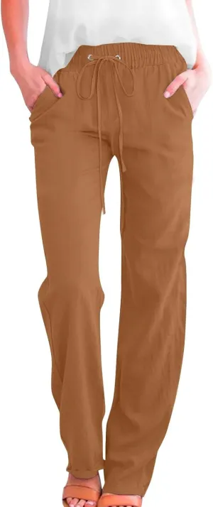 Women Cotton Linen Pants Summer Casual Drawstring Solid Lounge Long Trousers High Waist Straight Leg Comfy Work Pant
