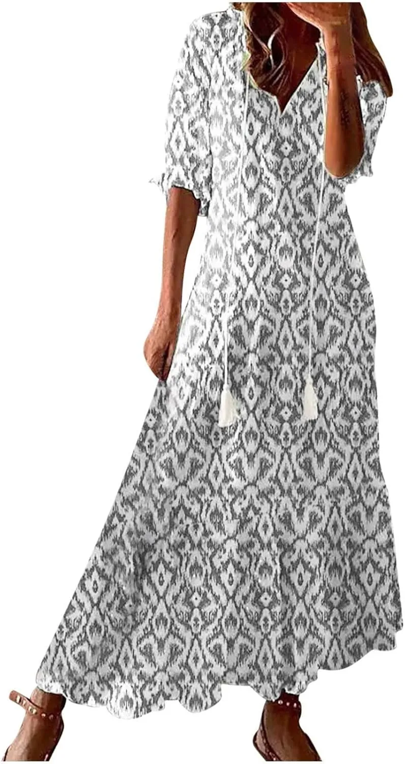 Women Floral Maxi Dress Summer Swing Flowy Womens Dresses Casual Short Sleeve Boho Beach Dress 2025 Vacation Clothes
