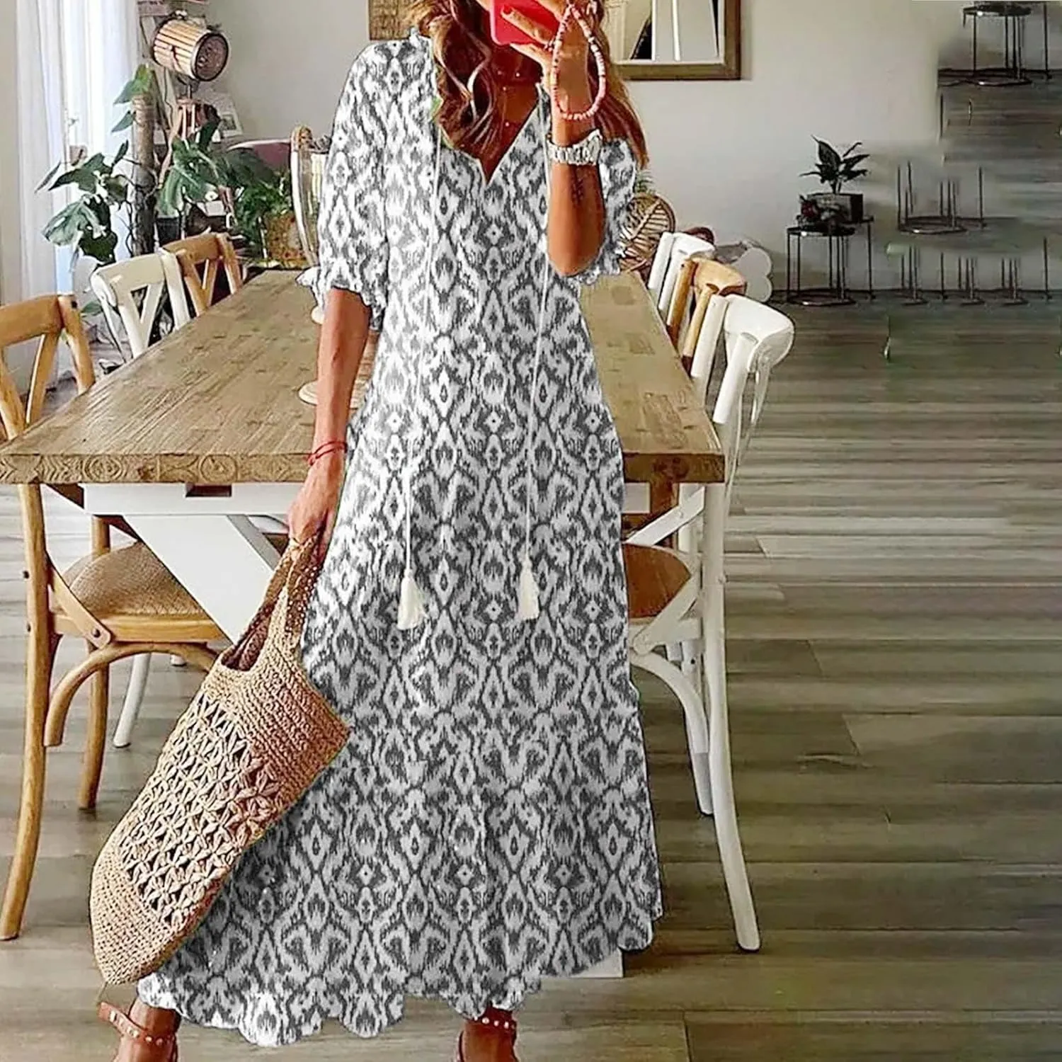 Women Floral Maxi Dress Summer Swing Flowy Womens Dresses Casual Short Sleeve Boho Beach Dress 2025 Vacation Clothes