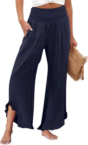 Women High Waisted Palazzo Linen Pants Trendy Pleated Irregular Cotton Linen Trouser Oversize Work Dressy Casaul Pant