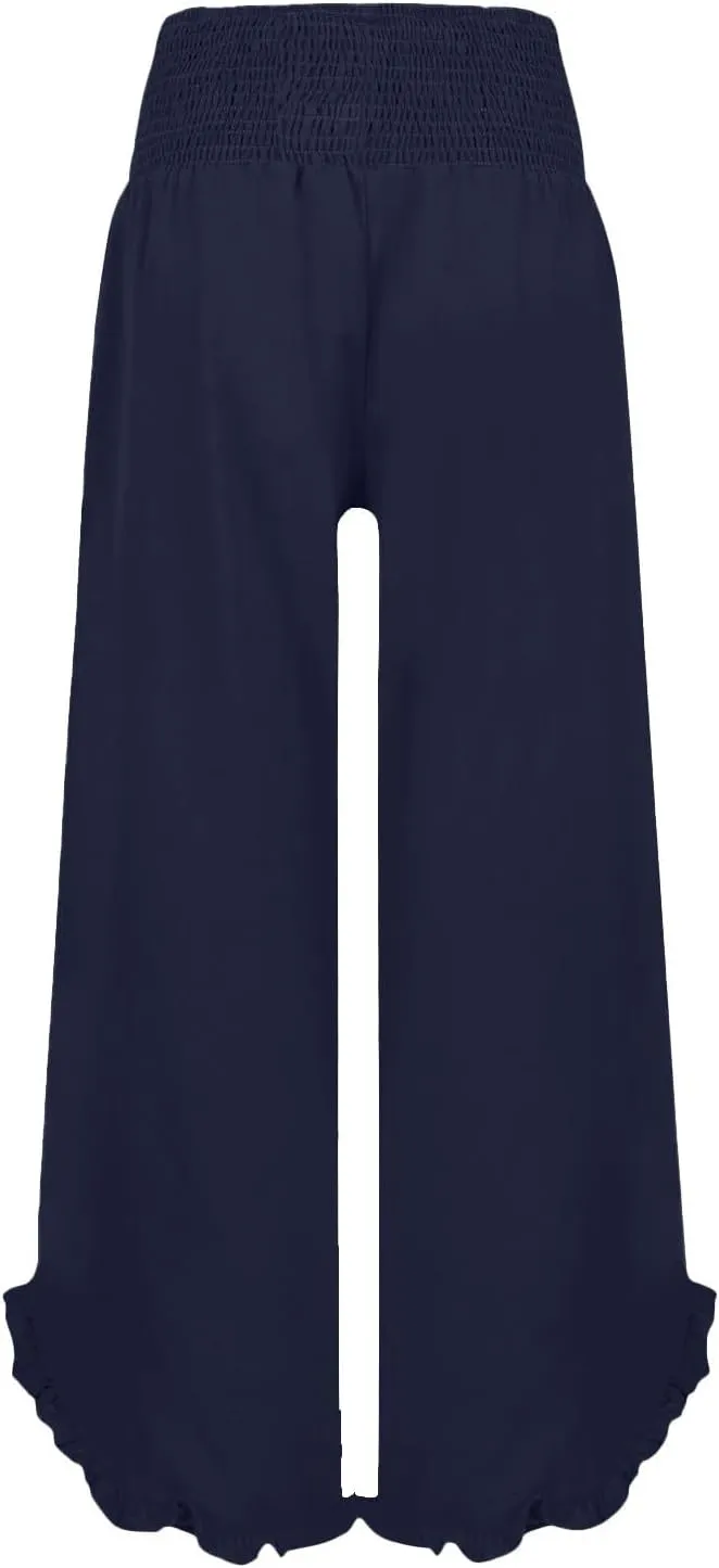 Women High Waisted Palazzo Linen Pants Trendy Pleated Irregular Cotton Linen Trouser Oversize Work Dressy Casaul Pant