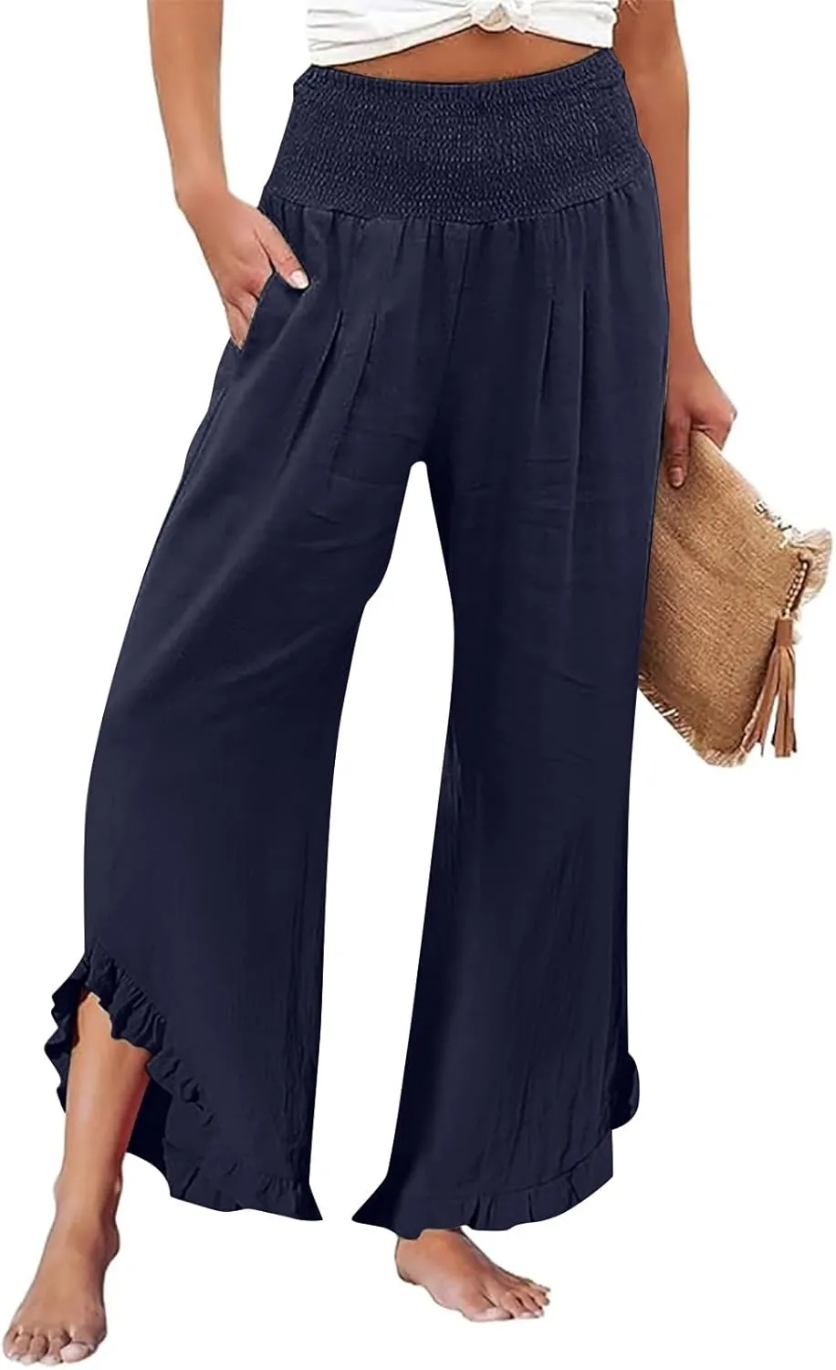 Women High Waisted Palazzo Linen Pants Trendy Pleated Irregular Cotton Linen Trouser Oversize Work Dressy Casaul Pant