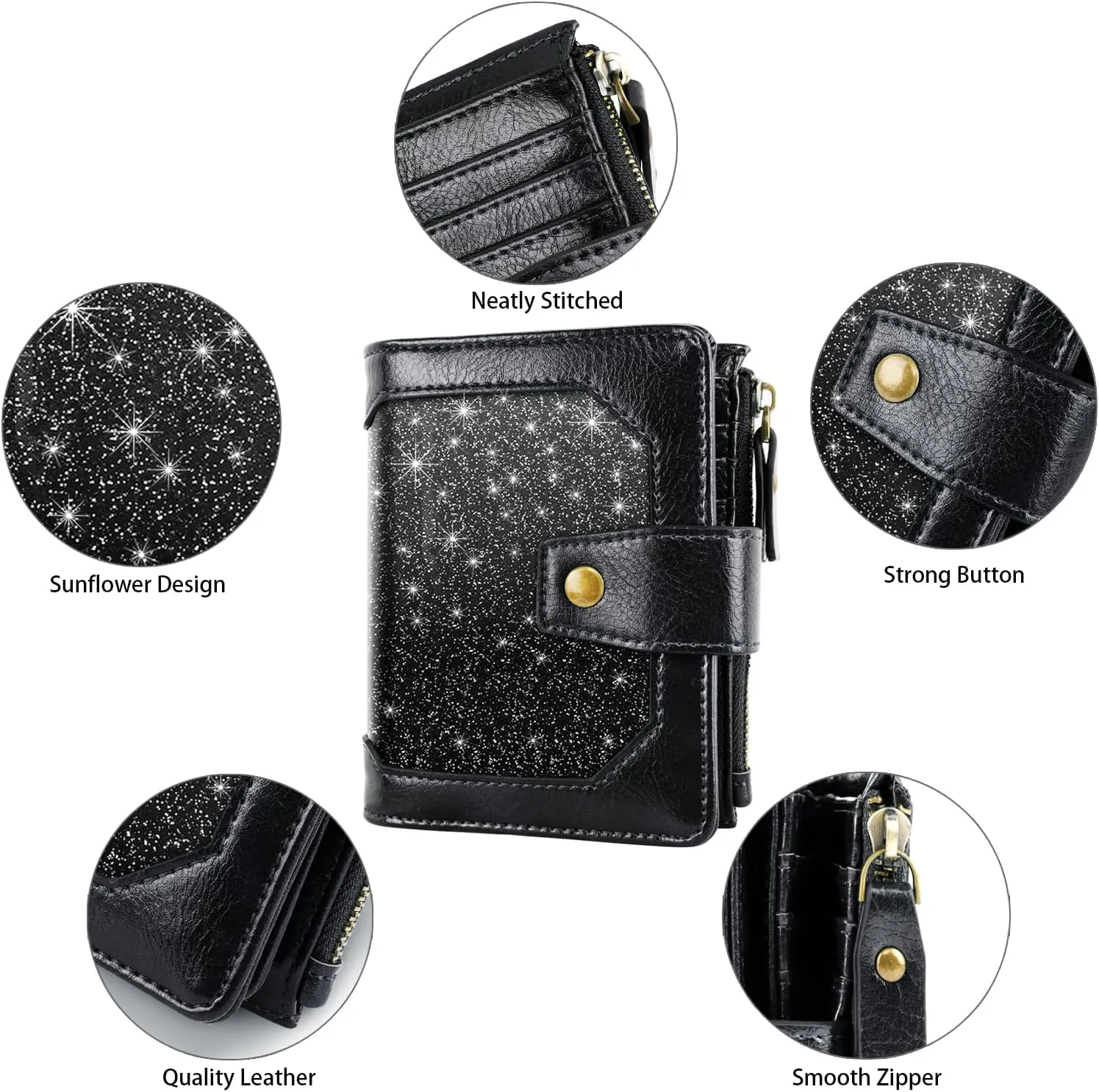 Women Leather Wallet RFID Blocking Small Bifold Zipper Pocket Wallet Card Case Purse with ID Window, Black Glitter
