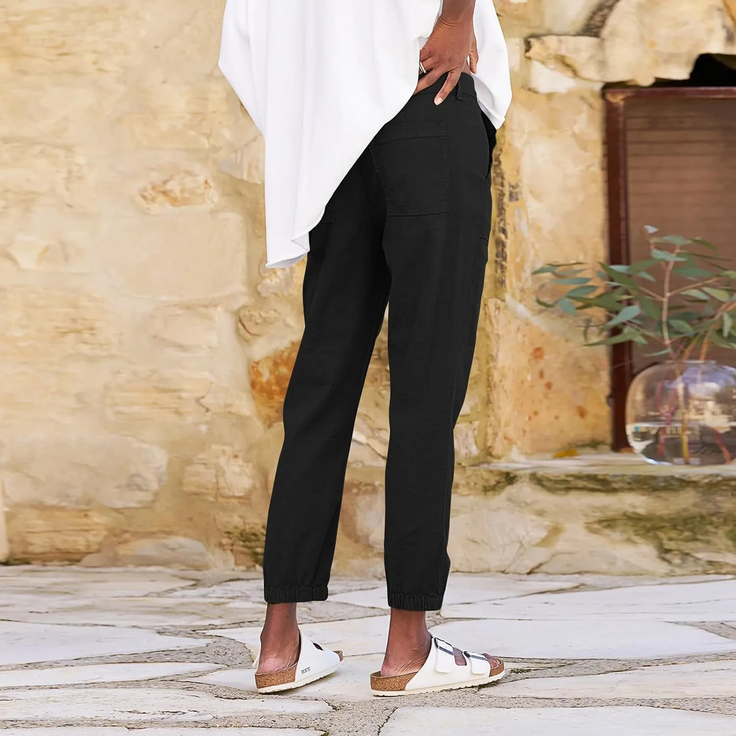 Women Linen Joggers Casual Cropped Linen Pants High Waisted Tapered Leg Jogger with Pockets Ankle Length Chino Pants
