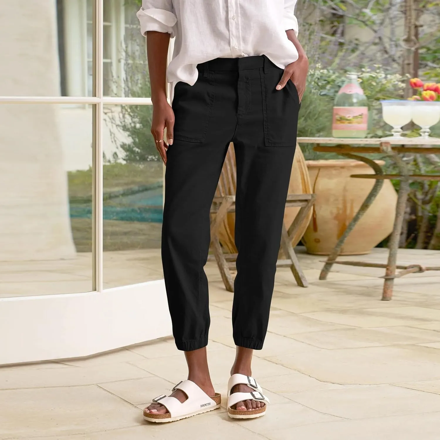 Women Linen Joggers Casual Cropped Linen Pants High Waisted Tapered Leg Jogger with Pockets Ankle Length Chino Pants