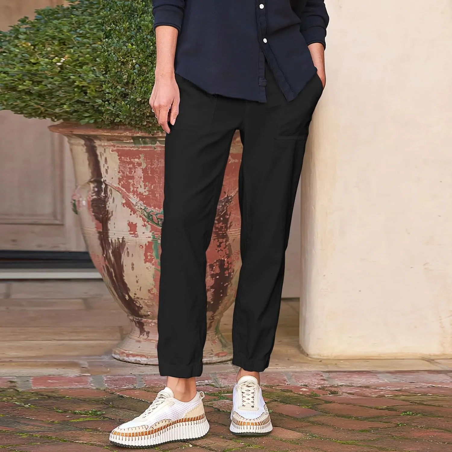 Women Linen Joggers Casual Cropped Linen Pants High Waisted Tapered Leg Jogger with Pockets Ankle Length Chino Pants