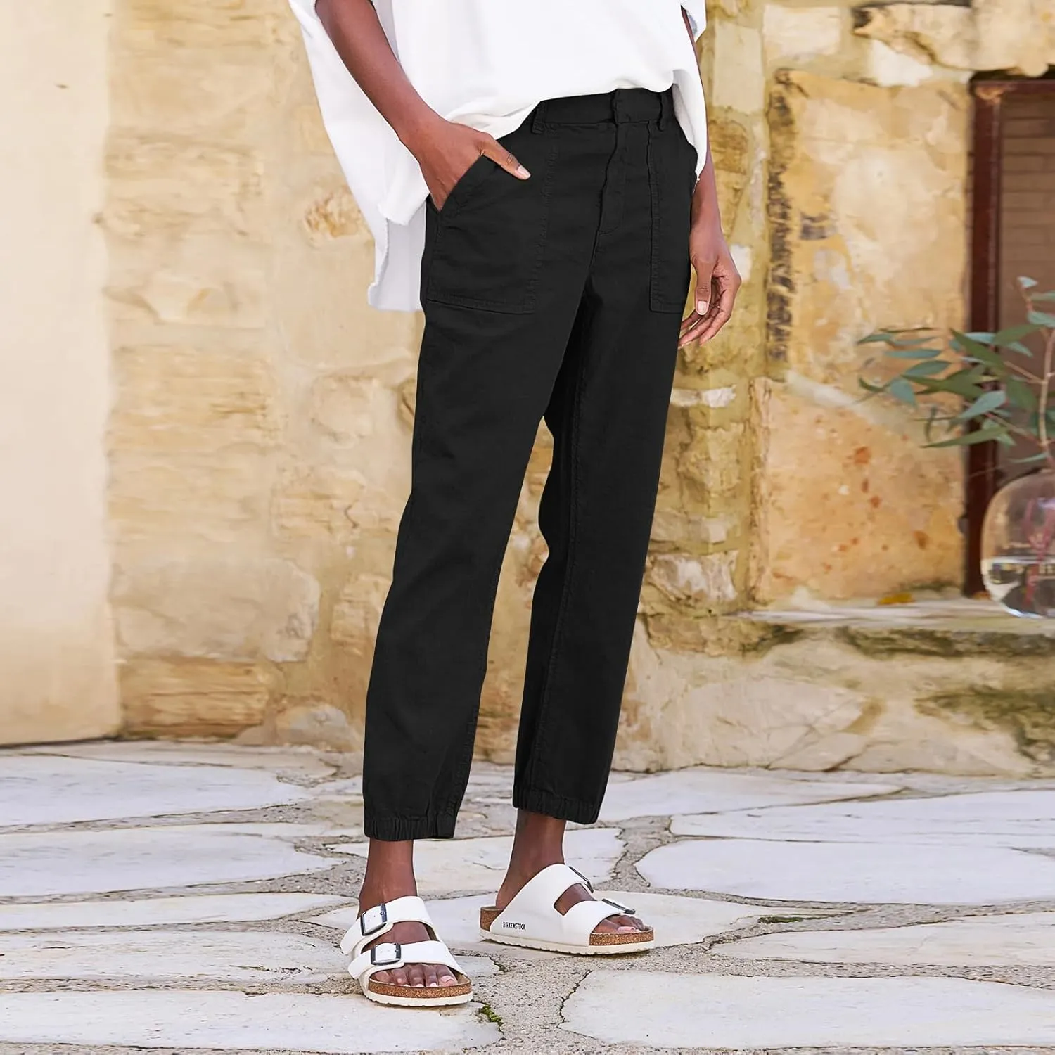 Women Linen Joggers Casual Cropped Linen Pants High Waisted Tapered Leg Jogger with Pockets Ankle Length Chino Pants