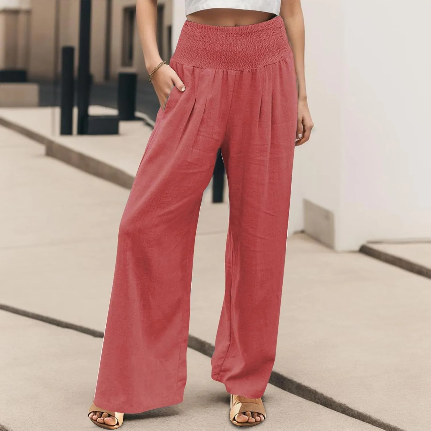 Women Linen Palazzo Pants Boho Wide Leg Casual Pants Lounge Trousers High Waist Straight Leg Comfy Pants with Pocket