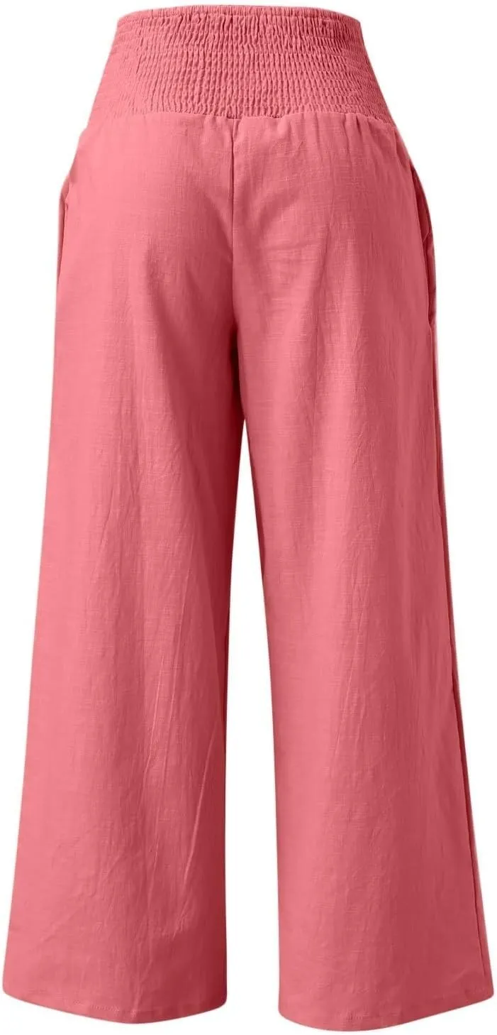 Women Linen Palazzo Pants Boho Wide Leg Casual Pants Lounge Trousers High Waist Straight Leg Comfy Pants with Pocket