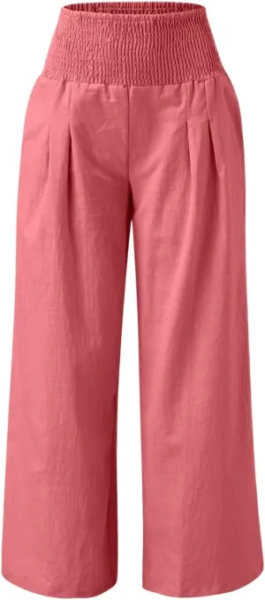 Women Linen Palazzo Pants Boho Wide Leg Casual Pants Lounge Trousers High Waist Straight Leg Comfy Pants with Pocket