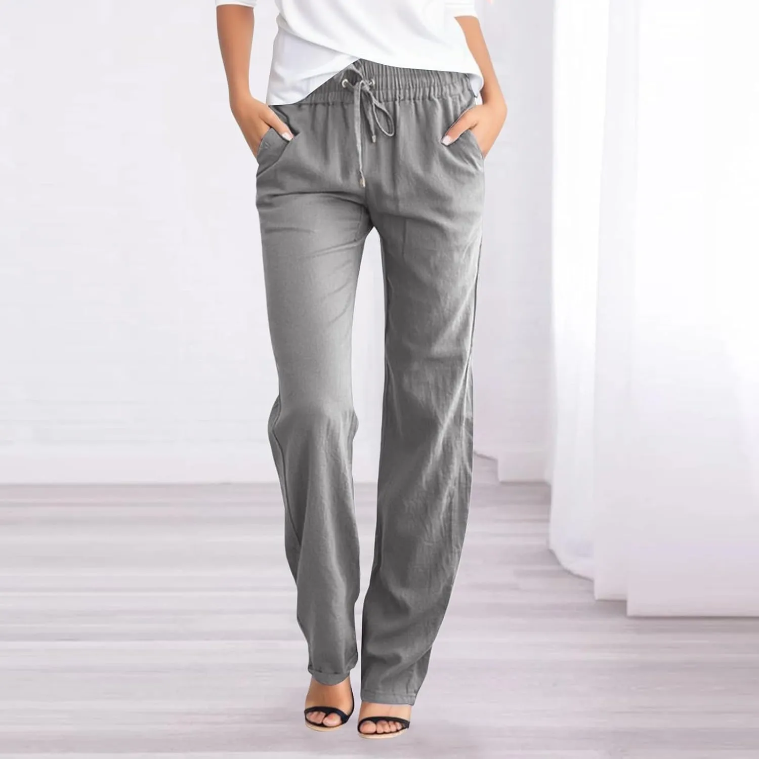 Women Linen Palazzo Pants Casual Dressy High Waist Drawstring Summer Pants for Women 2024 Straight Wide Leg Trousers