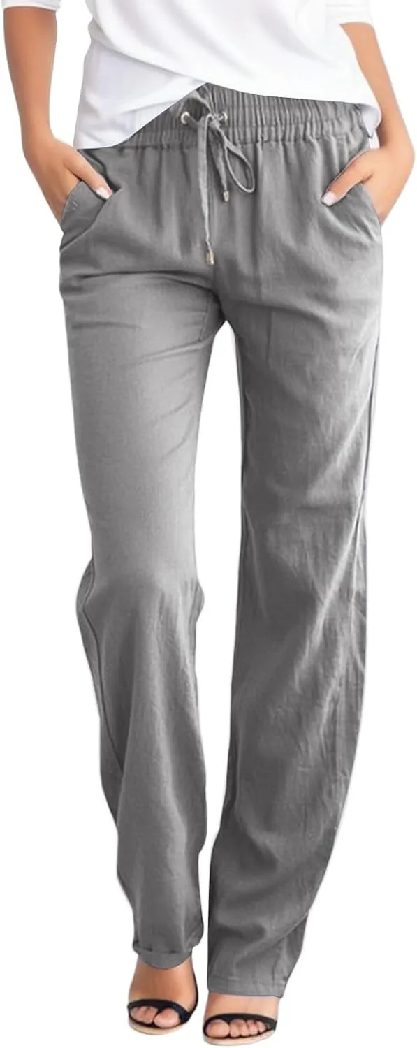 Women Linen Palazzo Pants Casual Dressy High Waist Drawstring Summer Pants for Women 2024 Straight Wide Leg Trousers