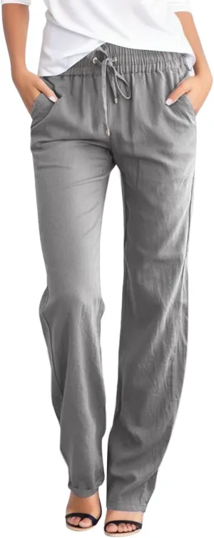 Women Linen Palazzo Pants Casual Dressy High Waist Drawstring Summer Pants for Women 2024 Straight Wide Leg Trousers