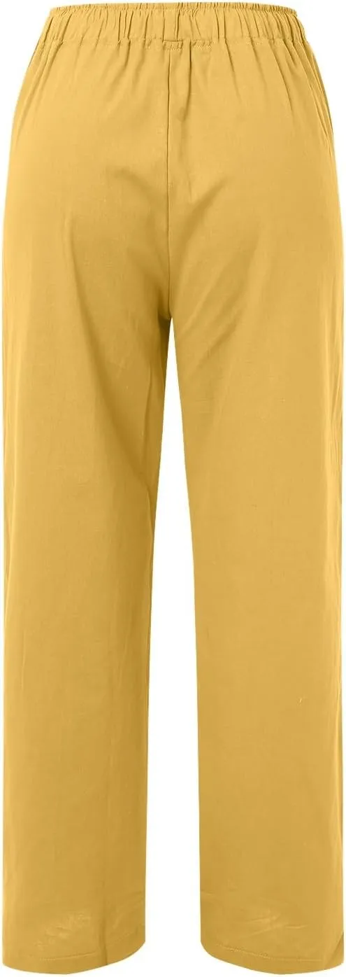 Women Linen Palazzo Pants Summer Beach Flowy Drawstring Slacks Wide Leg Lightweight Pants Comfy Cotton Baggy Trousers
