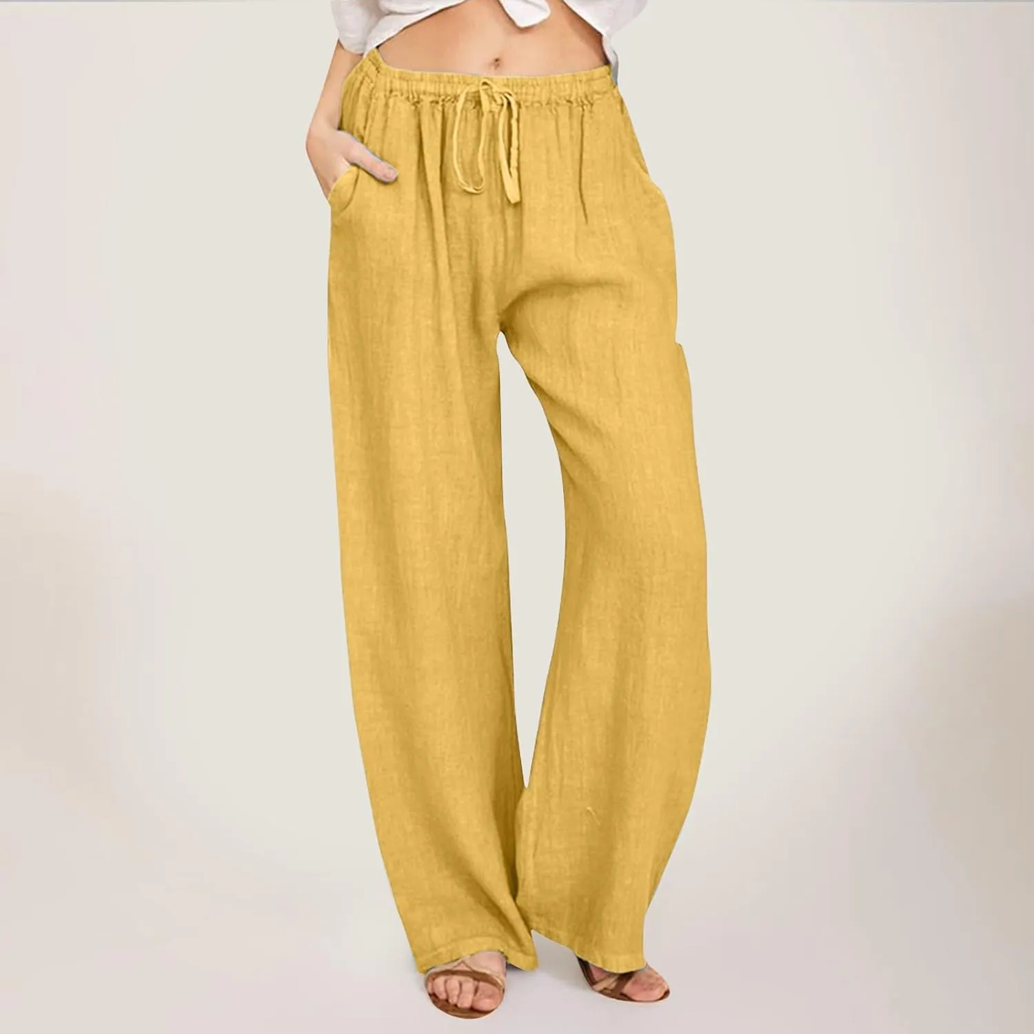 Women Linen Palazzo Pants Summer Beach Flowy Drawstring Slacks Wide Leg Lightweight Pants Comfy Cotton Baggy Trousers