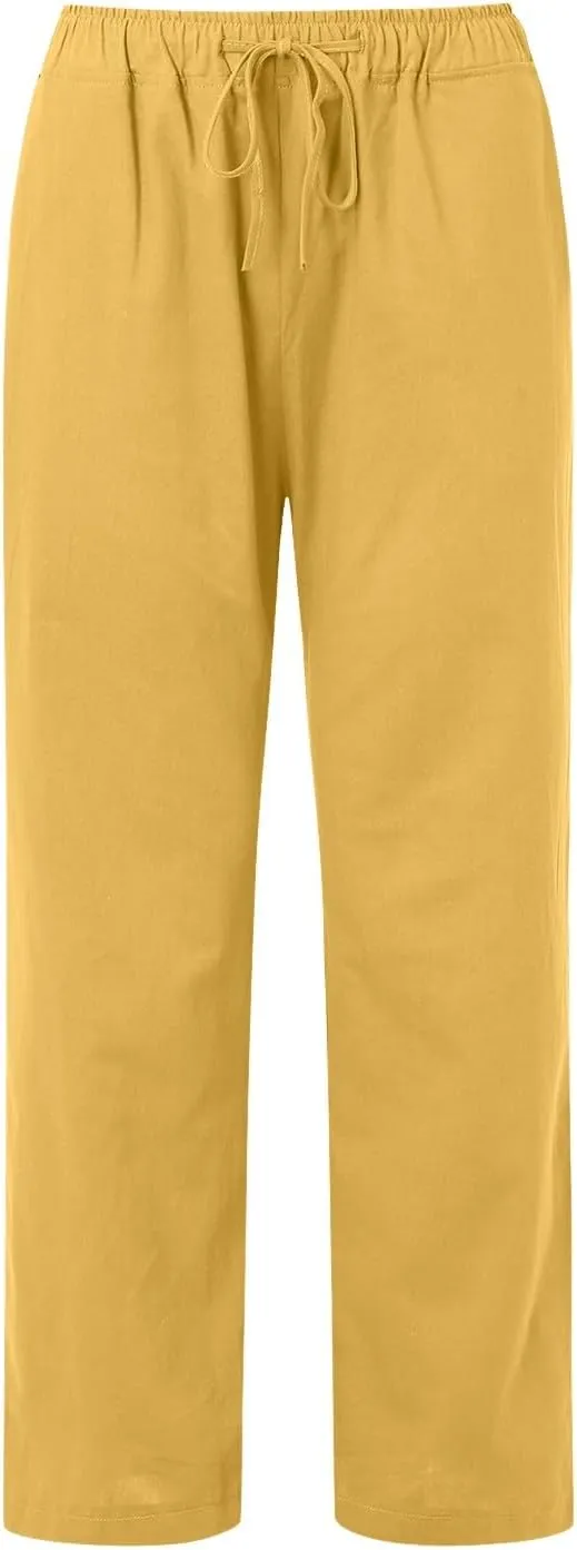 Women Linen Palazzo Pants Summer Beach Flowy Drawstring Slacks Wide Leg Lightweight Pants Comfy Cotton Baggy Trousers