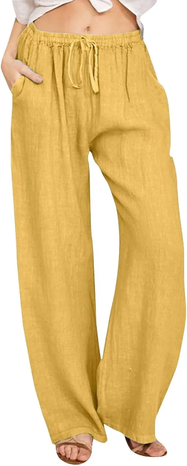 Women Linen Palazzo Pants Summer Beach Flowy Drawstring Slacks Wide Leg Lightweight Pants Comfy Cotton Baggy Trousers