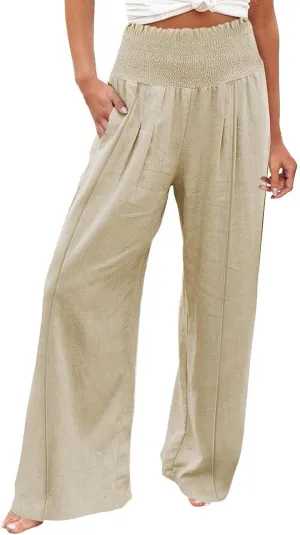 Women Linen Palazzo Pants Summer Wide Leg High Elastic Waist Casual Lounge Pant 2025 Beach Travel Vacation Outfits