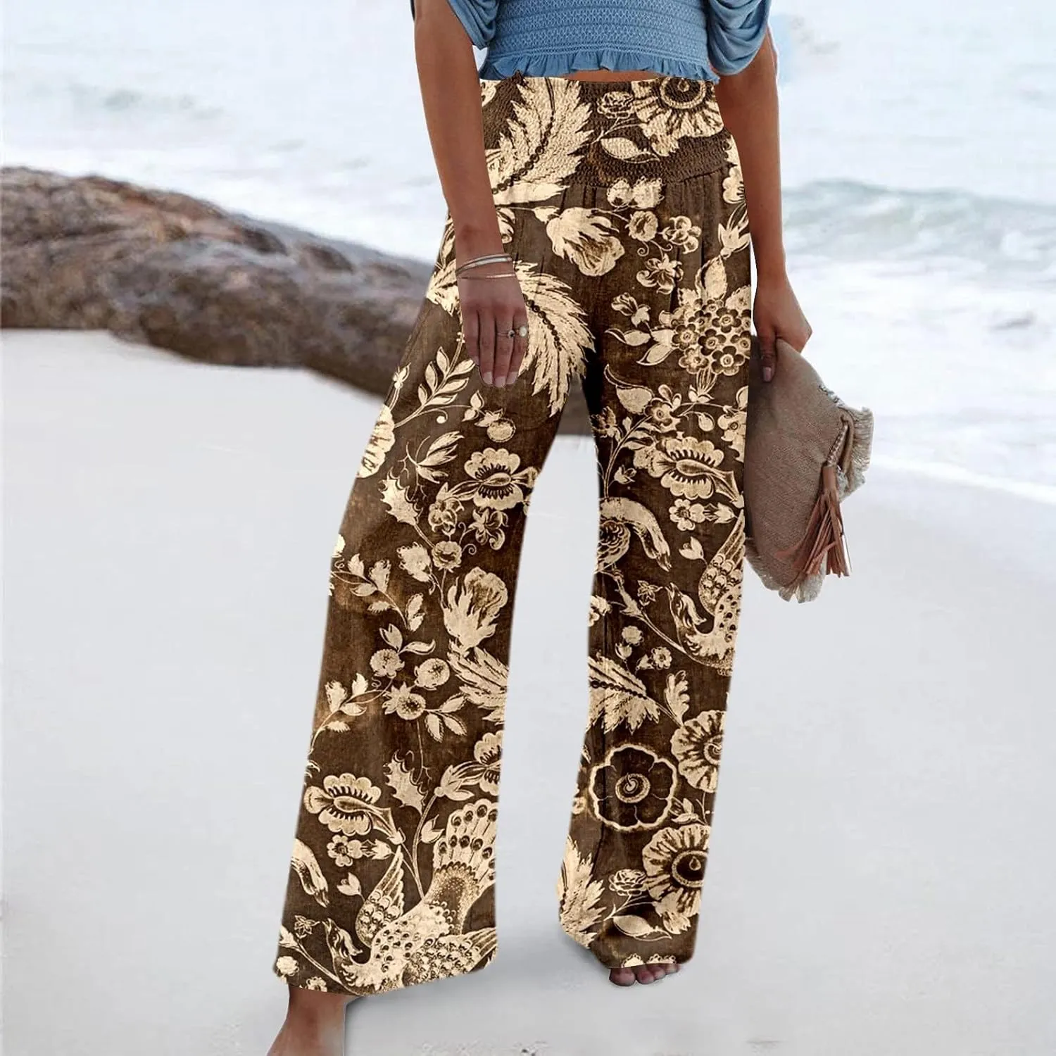 Women Linen Pants 2025 Summer Casual Loose Wide Leg Palazzo Pants Smocked High Waist Flowy Beach Trousers