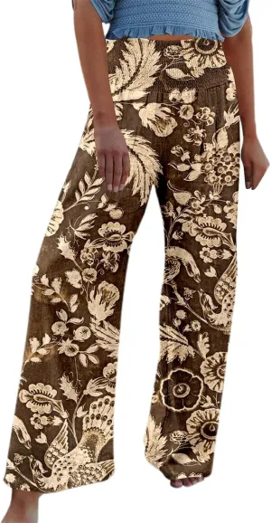 Women Linen Pants 2025 Summer Casual Loose Wide Leg Palazzo Pants Smocked High Waist Flowy Beach Trousers