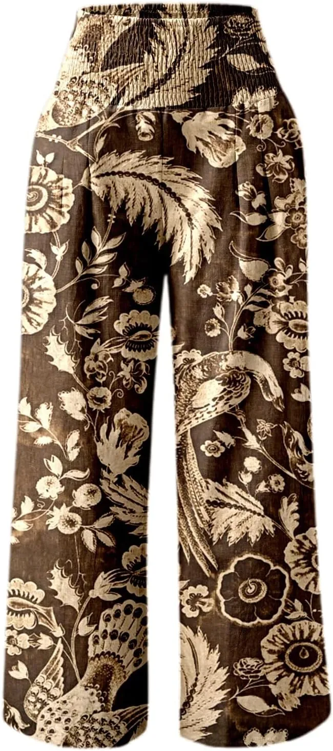Women Linen Pants 2025 Summer Casual Loose Wide Leg Palazzo Pants Smocked High Waist Flowy Beach Trousers