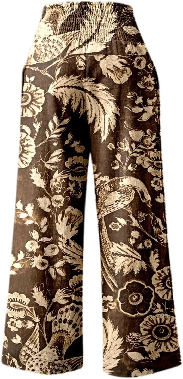 Women Linen Pants 2025 Summer Casual Loose Wide Leg Palazzo Pants Smocked High Waist Flowy Beach Trousers