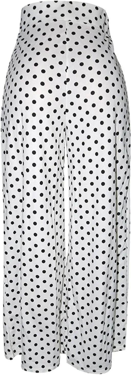 Women Polka Dots Oversized Straight Leg Baggy Pants Stretch High Waist Summer Fashion Casual Trousers with Pockets