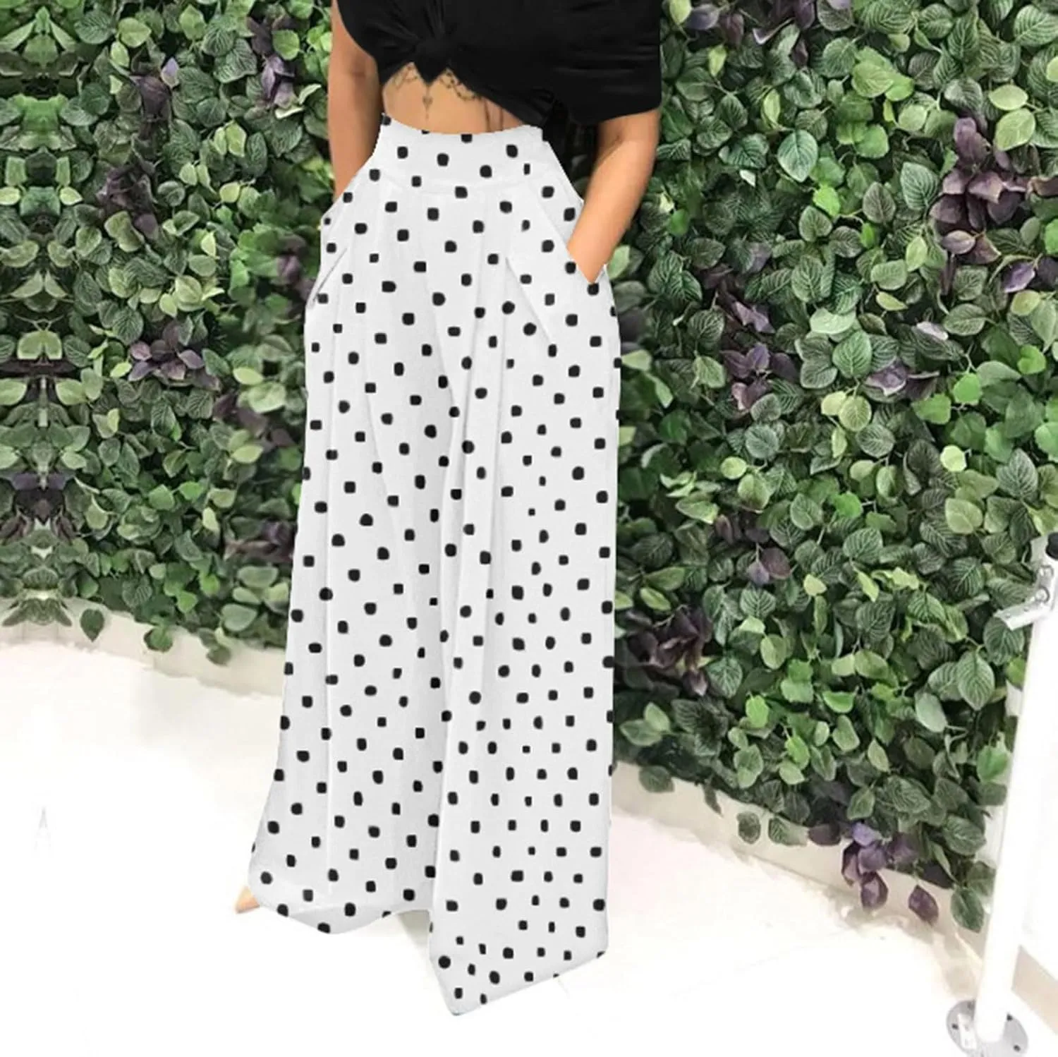 Women Polka Dots Oversized Straight Leg Baggy Pants Stretch High Waist Summer Fashion Casual Trousers with Pockets