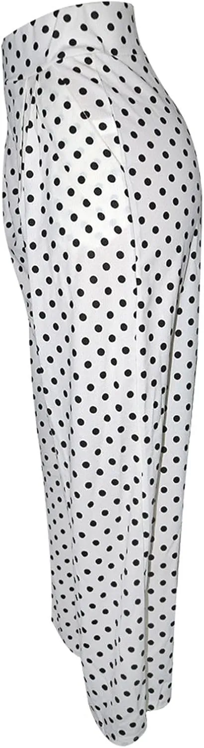 Women Polka Dots Oversized Straight Leg Baggy Pants Stretch High Waist Summer Fashion Casual Trousers with Pockets
